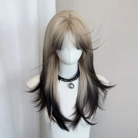 Ombre Blonde Black Synthetic Layered Wig for Lolita Cosplay Daily Party Women Long Straight Wig with Bangs
