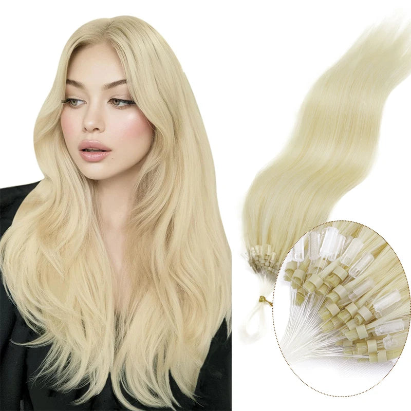 50 Strands Microlink Human Hair Extensions 100% Real Natual Microloop hair Extensions 30g Fish Line Micro Beads for Add Volume