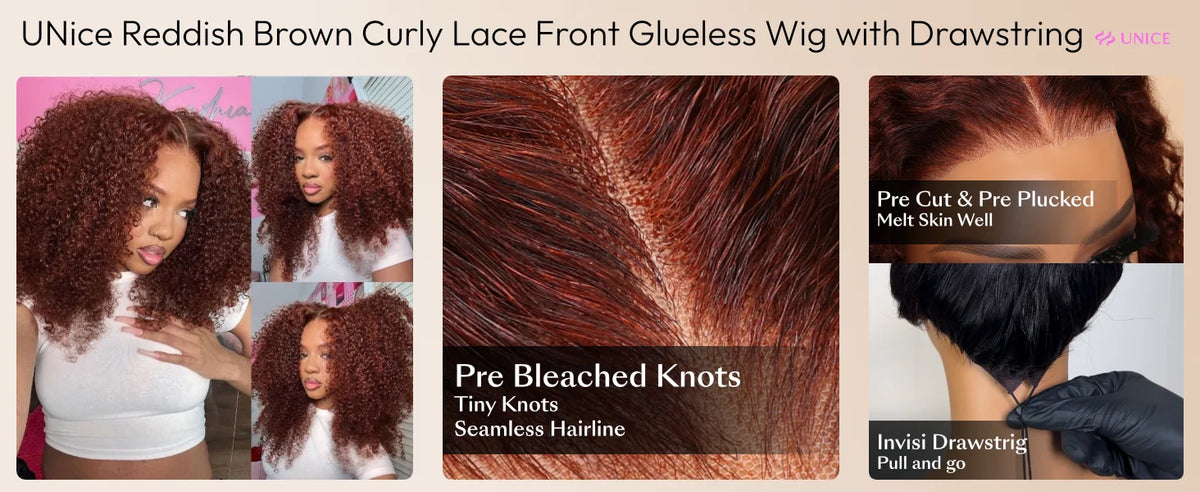 UNice 7x5 Bye-Bye Knots Reddish Brown Curly Human Hair Wig With Drawstring Pre Cut Pre Bleached Glueless Wigs