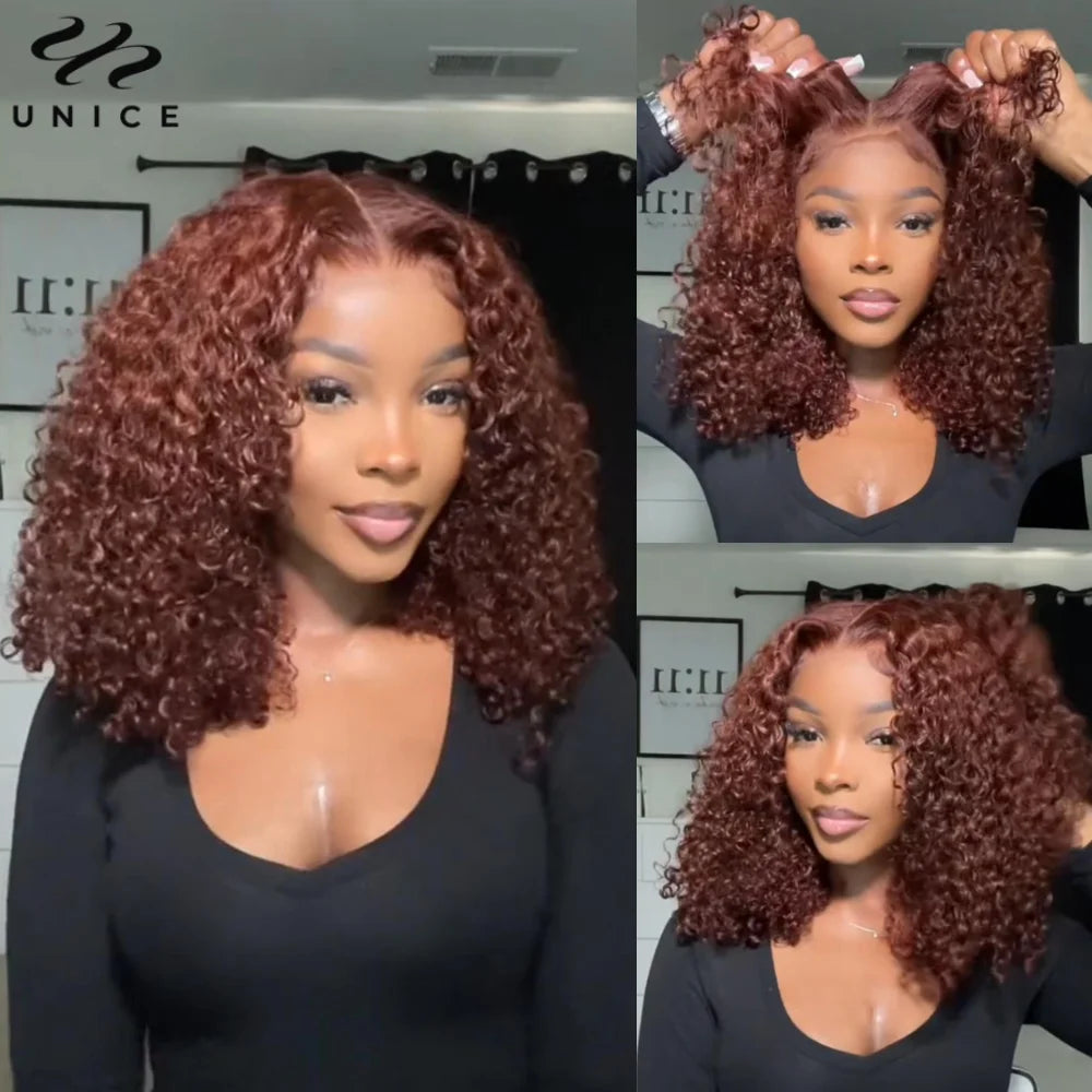 UNice 7x5 Bye-Bye Knots Reddish Brown Curly Human Hair Wig With Drawstring Pre Cut Pre Bleached Glueless Wigs