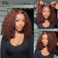 UNice 7x5 Bye-Bye Knots Reddish Brown Curly Human Hair Wig With Drawstring Pre Cut Pre Bleached Glueless Wigs