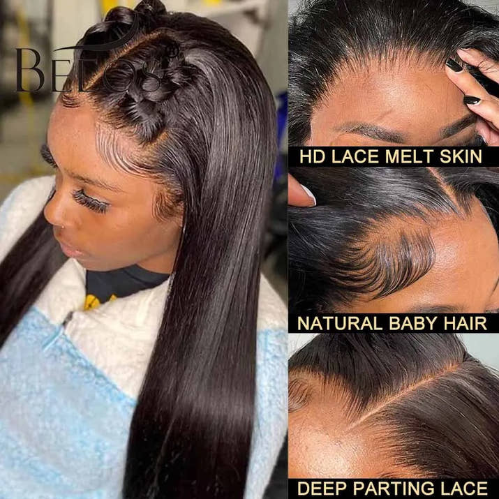 BEEOS Undetectable 13x6 HD Lace Frontal Wig Pre plucked 13x4 HD Lace Full Front Human Hair Wigs For Women Bone Straight Wig 34in