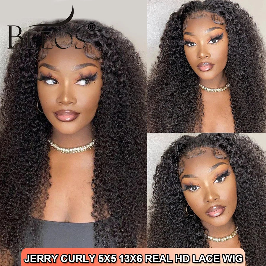 BEEOS Jerry Curly Glueless 250% Skinlike 13x6 HD Lace Front Human Hair Wigs Preplucked 5x5 HD Transparent Lace Wigs For Women