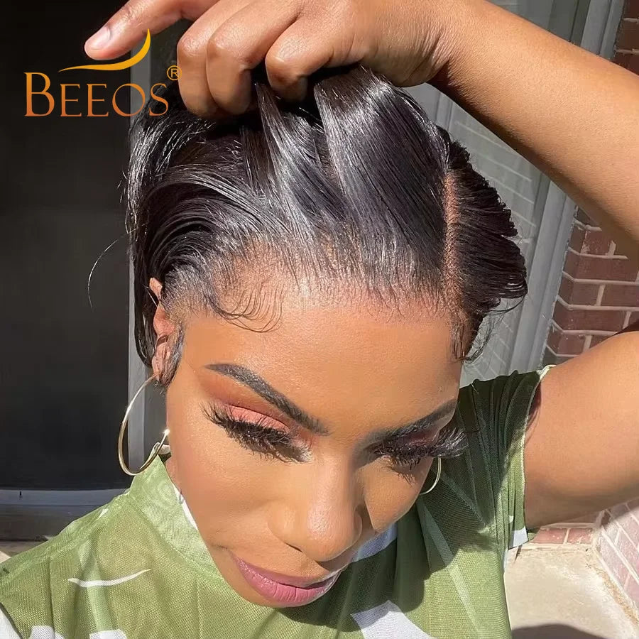 BEEOS Skinlike 13x4 HD Lace Front Human Hair Wigs Pre Plucked Short Pixie Cut Wig Brazilian Hair Wigs For Women Melting Skins