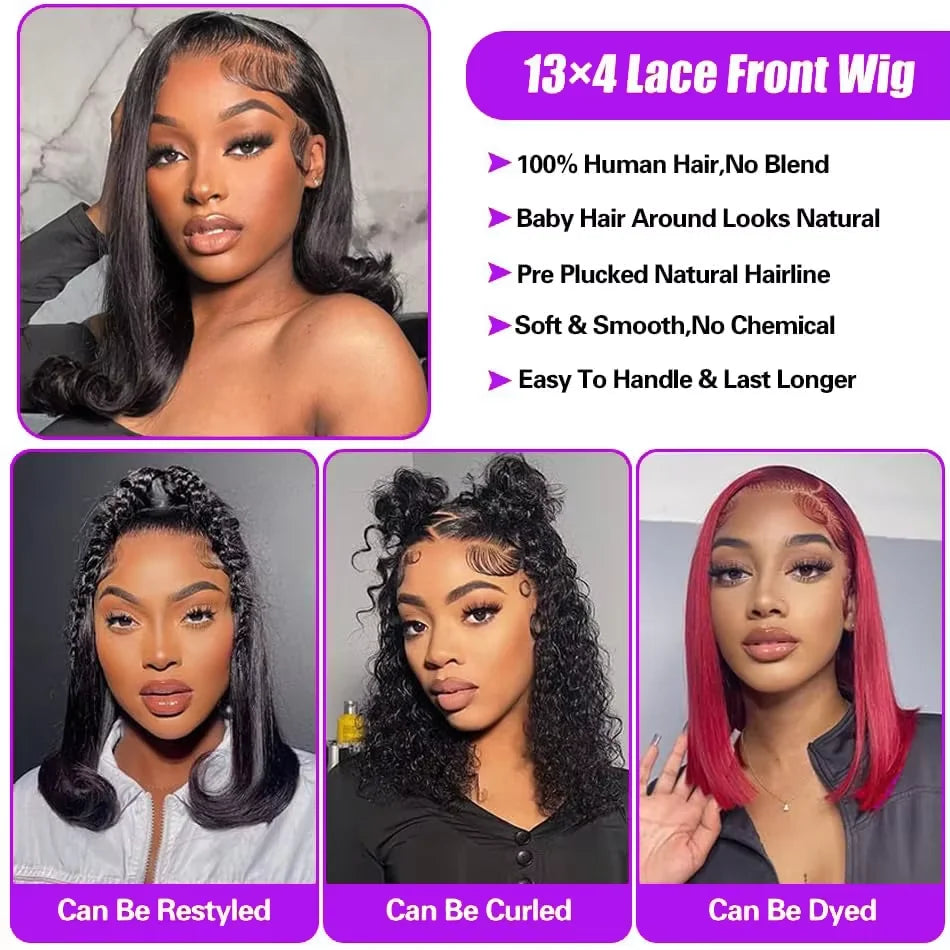 BOB Lace Front Wig Human Hair Straight 180% Full Density 13x4 HD Transparent Lace Frontal Wigs Bob Hair Lace Front Wig For Women