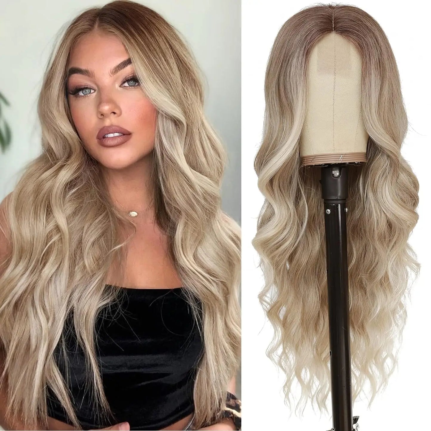 Synthetic Long Lace Wavy Wig for Women 26 Inch Middle Part Curly Natural Looking Heat Resistant Fiber for Daily Party Christmas