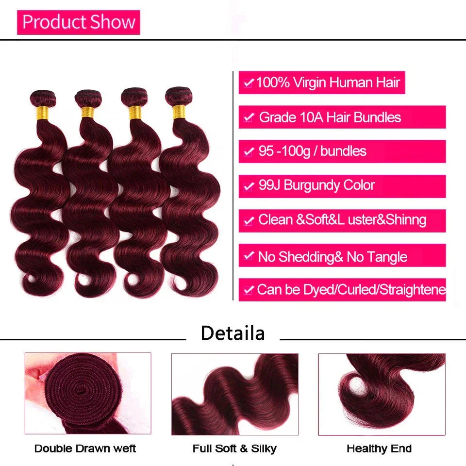 14A 99J Burgundy Body Wave Human Hair Bundles 36 38 Inch Wine Red Brazilian 100% Unprocessed Raw Hair Bundles Extension Deals