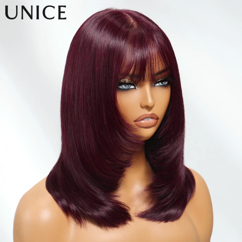 UNice Bye Bye Slip 7x5 Lace Black Cherry Pre Layered Wolf Bob Wig With Wispy Bangs & Drawstring Wear Go Glueless Human Hair Wig