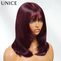 UNice Bye Bye Slip 7x5 Lace Black Cherry Pre Layered Wolf Bob Wig With Wispy Bangs & Drawstring Wear Go Glueless Human Hair Wig