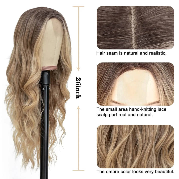 Synthetic Long Lace Wavy Wig for Women 26 Inch Middle Part Curly Natural Looking Heat Resistant Fiber for Daily Party Christmas