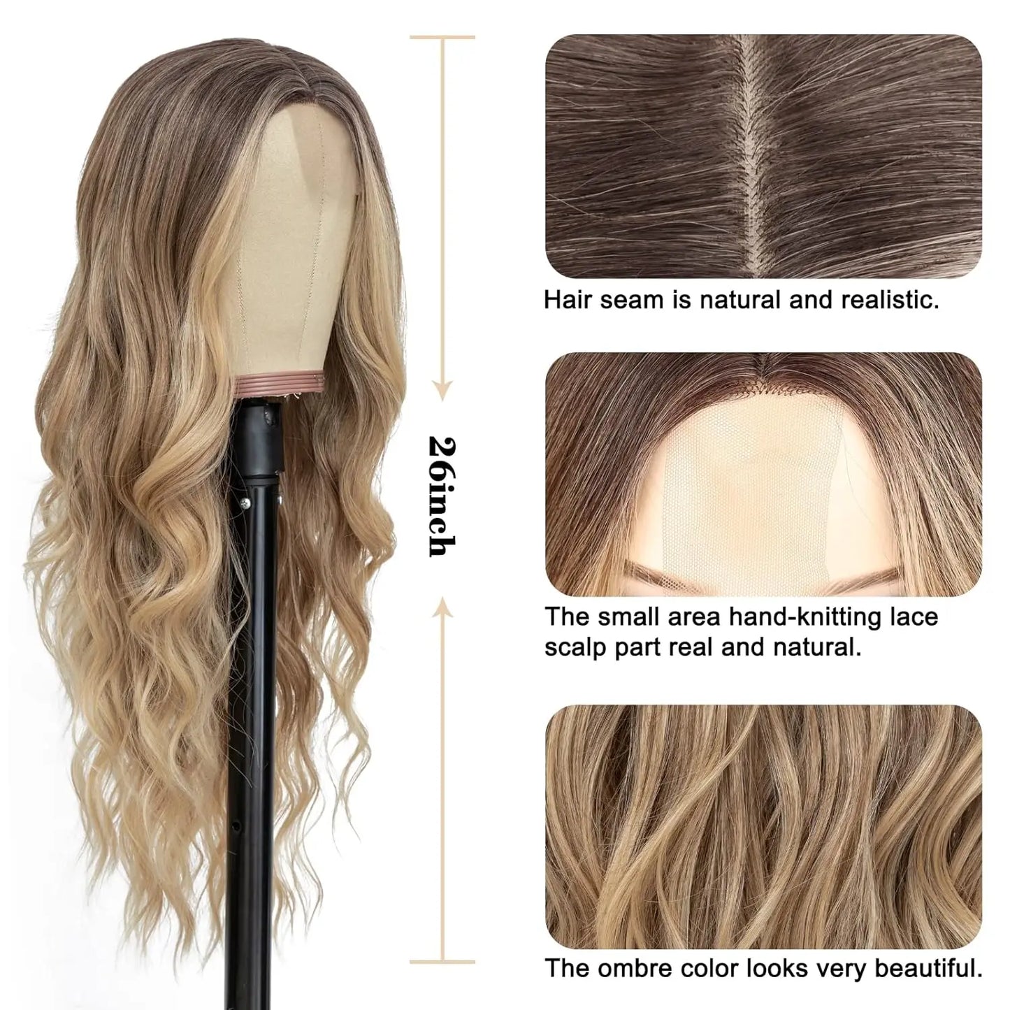 Synthetic Long Lace Wavy Wig for Women 26 Inch Middle Part Curly Natural Looking Heat Resistant Fiber for Daily Party Christmas
