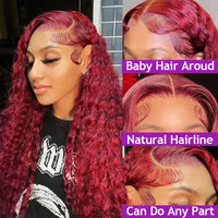 Deep Wave #99J Burgundy 13x6 HD Lace Frontal Wig Human Hair 13x4 Curly Transparent Lace Front Wig Brazilian Human Hair Wig