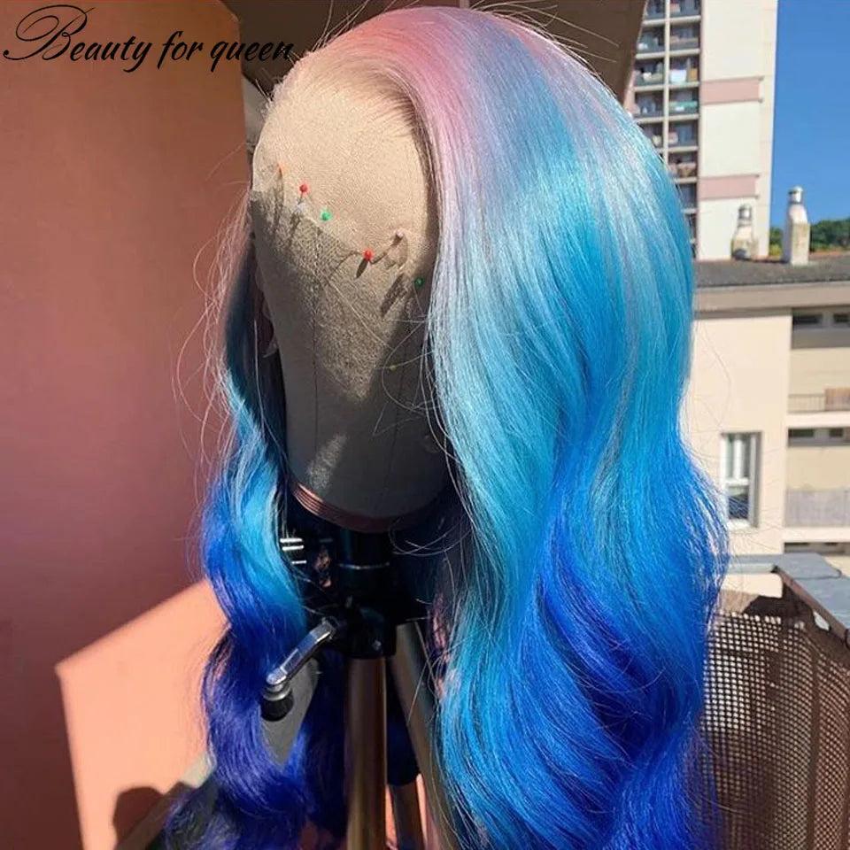 28 Inches Glueless For Women Colored Brazilian Human Hair Wig Cosplay Ombre Pink Blue Body Wave Transparent Lace Frontal Wigs
