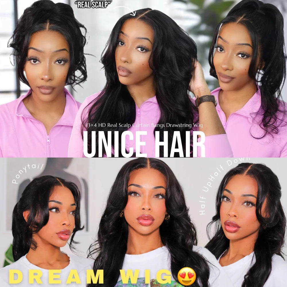 UNice 13x4 HD Real Scalp™ Wig Pull And Go Drawstring Loose Wave Human Hair Wig With Face Framing Curtain Bangs