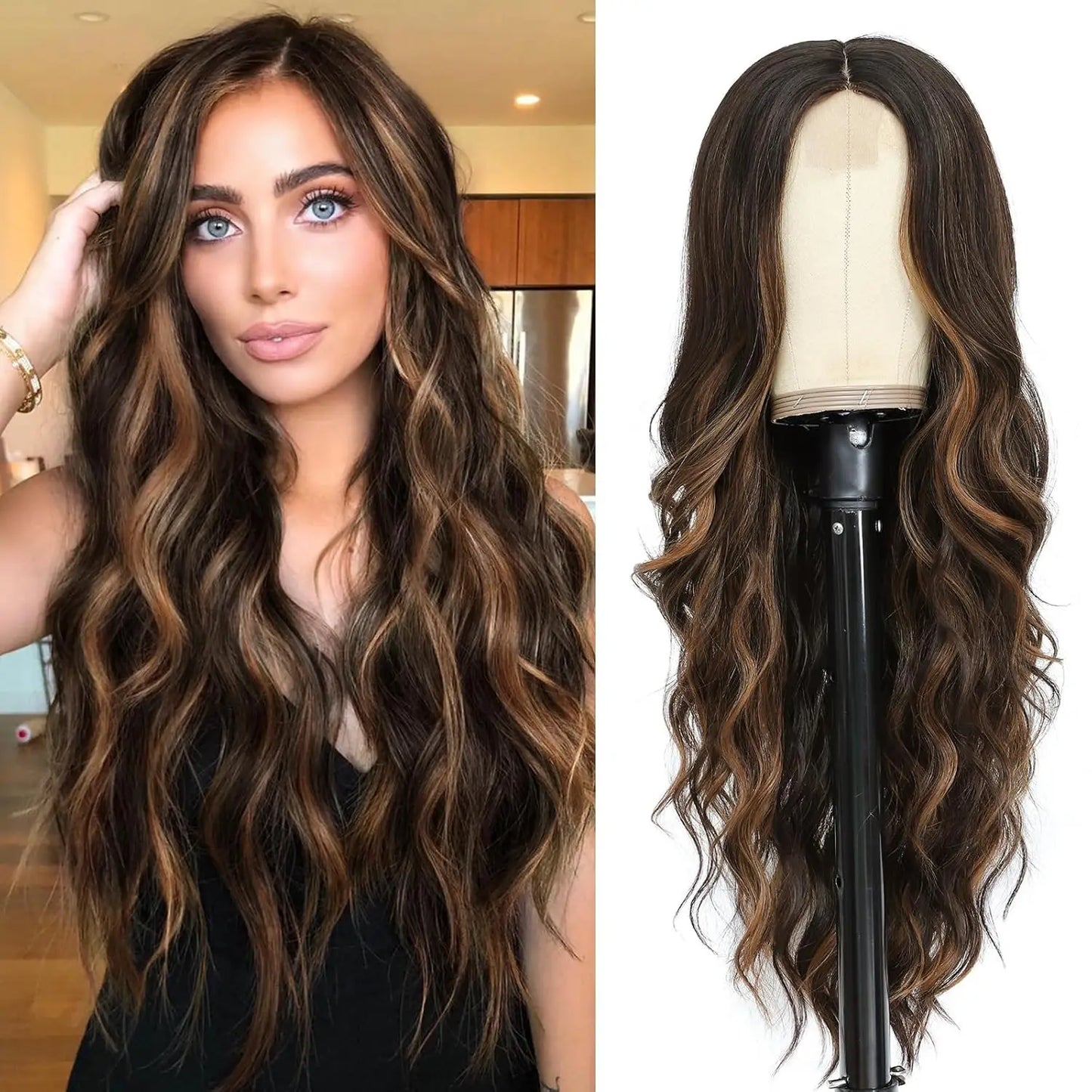 Synthetic Long Lace Wavy Wig for Women 26 Inch Middle Part Curly Natural Looking Heat Resistant Fiber for Daily Party Christmas