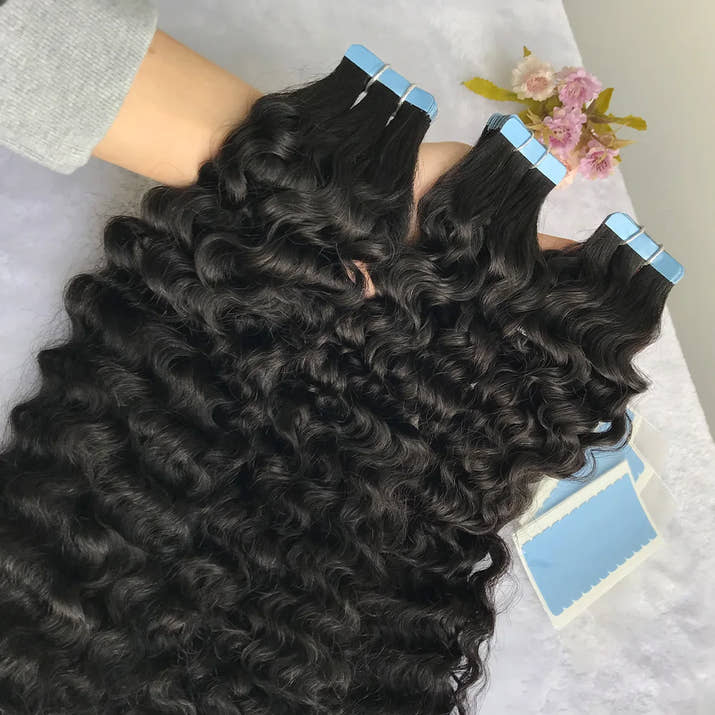 Water Wave Tape In Hair Extensions Brazilian Remy Human Hair for Black Women Natural Black Tape Ins Hair Extensions 20pc/Pack