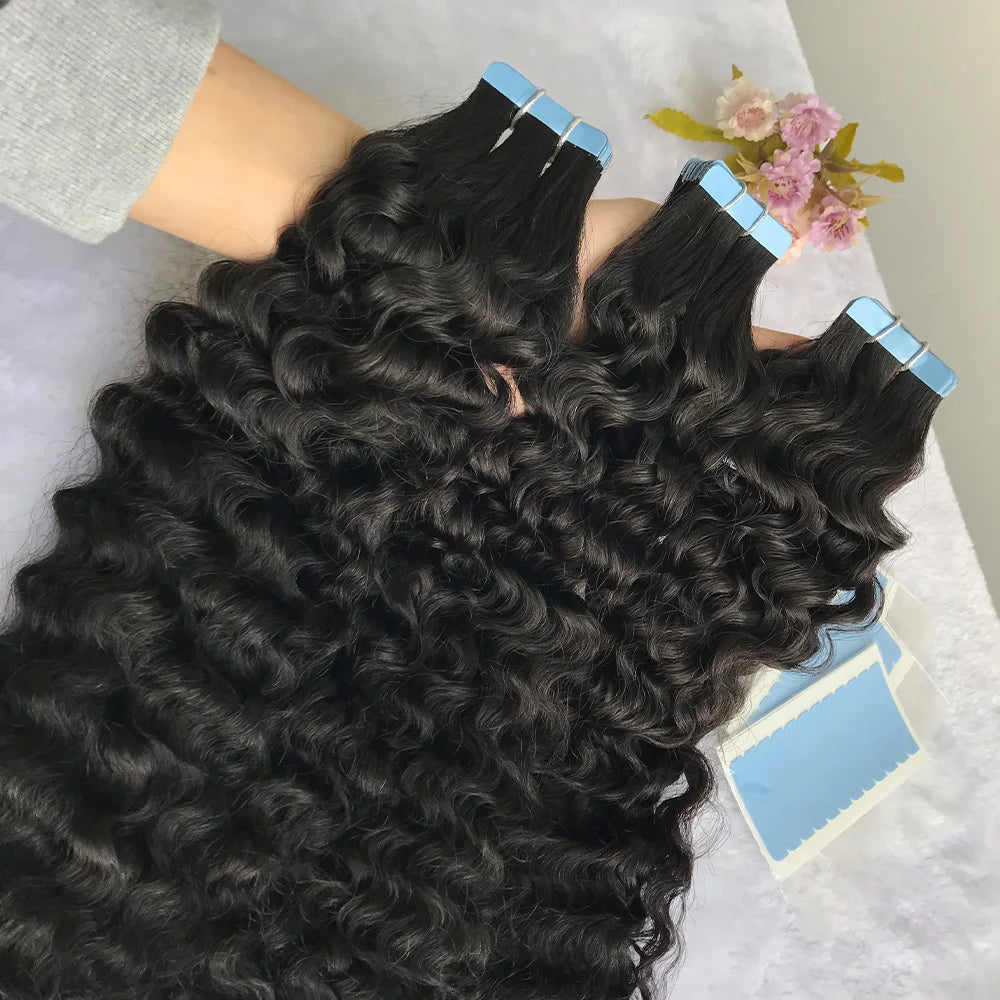 Water Wave Tape In Hair Extensions Brazilian Remy Human Hair for Black Women Natural Black Tape Ins Hair Extensions 20pc/Pack