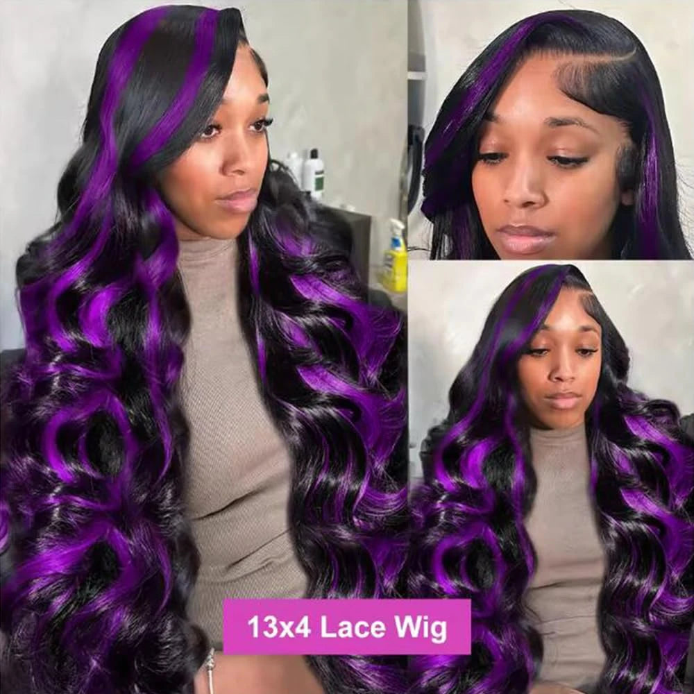 Smilegirl Purple Highlight Lace Front Wig 13x6 Human Hair Pre-plucked Hairline 36 38inches Brazilian HD Lace Frontal Human Hair Wigs 13X4 1B/Purple Curly Wavy Ombre Colored Wigs for Women