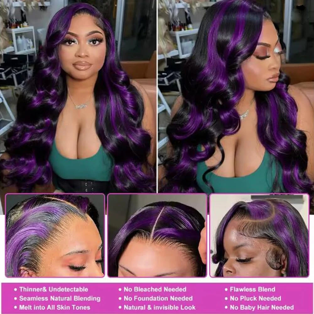 Smilegirl Purple Highlight Lace Front Wig 13x6 Human Hair Pre-plucked Hairline 36 38inches Brazilian HD Lace Frontal Human Hair Wigs 13X4 1B/Purple Curly Wavy Ombre Colored Wigs for Women