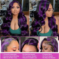 Smilegirl Purple Highlight Lace Front Wig 13x6 Human Hair Pre-plucked Hairline 36 38inches Brazilian HD Lace Frontal Human Hair Wigs 13X4 1B/Purple Curly Wavy Ombre Colored Wigs for Women