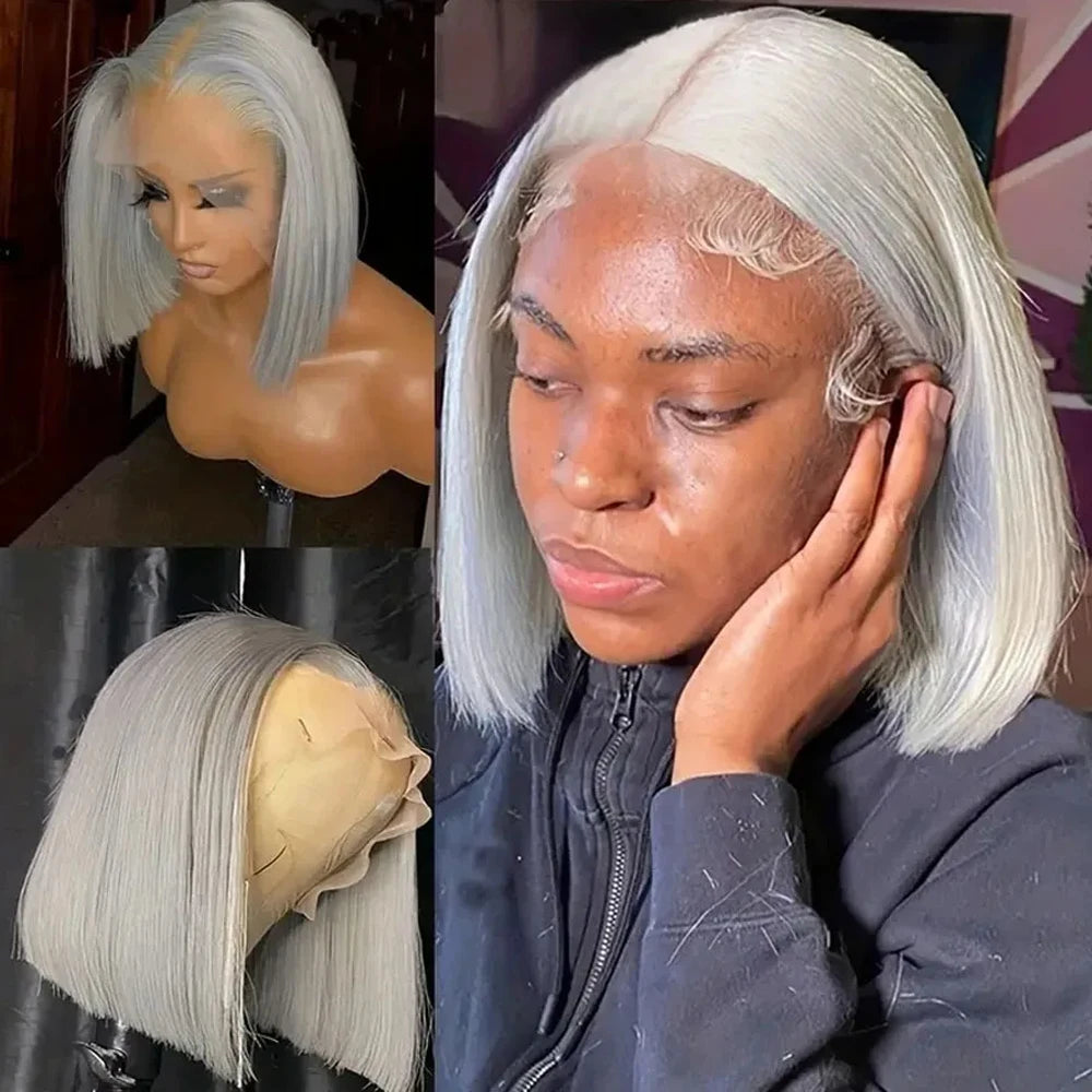 Colored Short Bob Wig Lace Front Wig Grey Pink Straight Human Hair Lace Front Wigs Dark Mint Green13x4 HD Lace Frontal Wigs