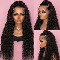 Mannequin head with long black wavy hair wig on a gray background