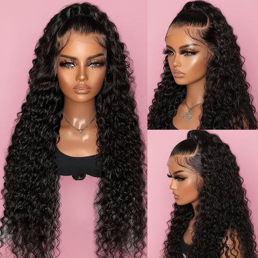 Mannequin head with long black wavy hair wig on a gray background