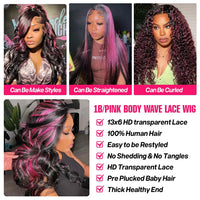 Smilegirl Purple Highlight Lace Front Wig 13x6 Human Hair Pre-plucked Hairline 36 38inches Brazilian HD Lace Frontal Human Hair Wigs 13X4 1B/Purple Curly Wavy Ombre Colored Wigs for Women