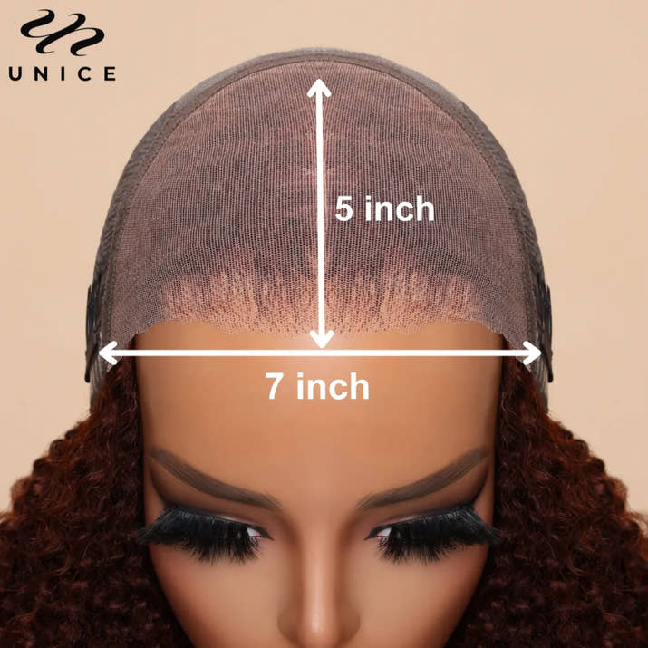 UNice 7x5 Bye-Bye Knots Reddish Brown Curly Human Hair Wig With Drawstring Pre Cut Pre Bleached Glueless Wigs