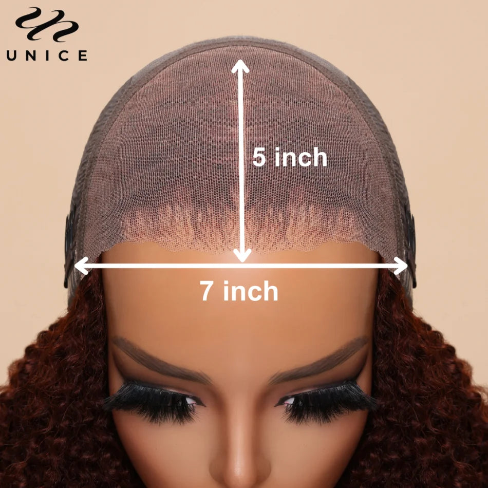 UNice 7x5 Bye-Bye Knots Reddish Brown Curly Human Hair Wig With Drawstring Pre Cut Pre Bleached Glueless Wigs