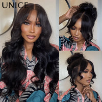 UNice 13x4 HD Real Scalp™ Wig Pull And Go Drawstring Loose Wave Human Hair Wig With Face Framing Curtain Bangs