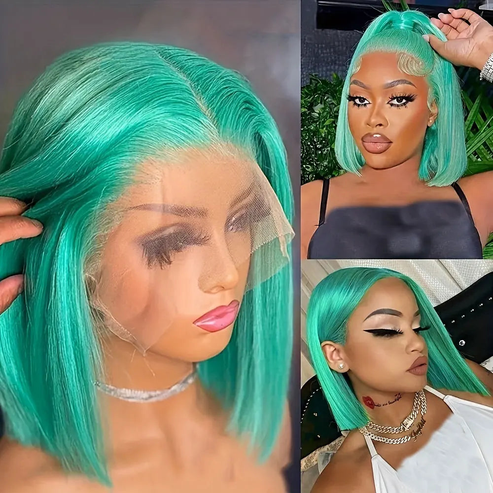 Colored Short Bob Wig Lace Front Wig Grey Pink Straight Human Hair Lace Front Wigs Dark Mint Green13x4 HD Lace Frontal Wigs