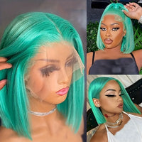 Colored Short Bob Wig Lace Front Wig Grey Pink Straight Human Hair Lace Front Wigs Dark Mint Green13x4 HD Lace Frontal Wigs