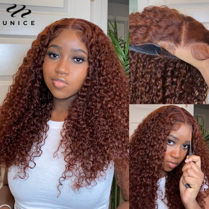UNice 7x5 Bye-Bye Knots Reddish Brown Curly Human Hair Wig With Drawstring Pre Cut Pre Bleached Glueless Wigs