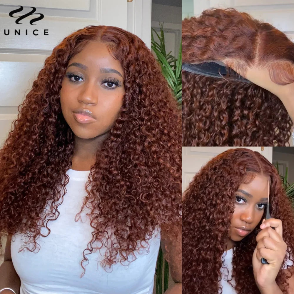 UNice 7x5 Bye-Bye Knots Reddish Brown Curly Human Hair Wig With Drawstring Pre Cut Pre Bleached Glueless Wigs