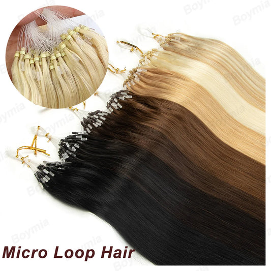 50 Strands Microlink Human Hair Extensions 100% Real Natual Microloop hair Extensions 30g Fish Line Micro Beads for Add Volume