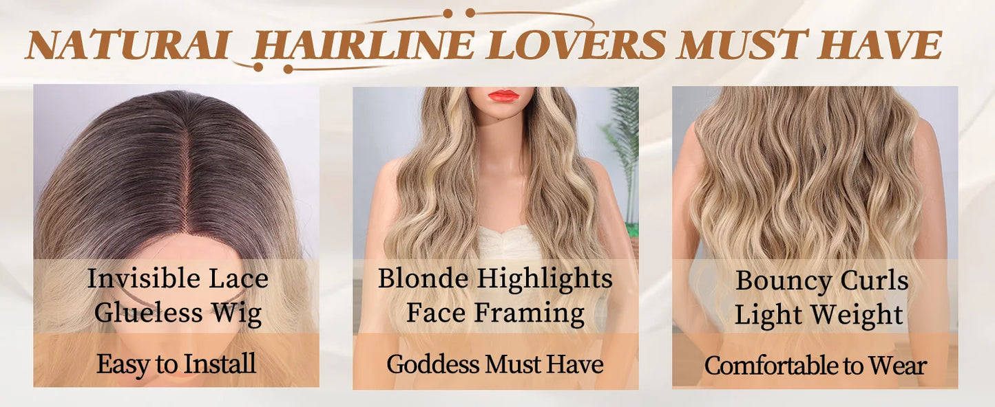 Synthetic Long Lace Wavy Wig for Women 26 Inch Middle Part Curly Natural Looking Heat Resistant Fiber for Daily Party Christmas