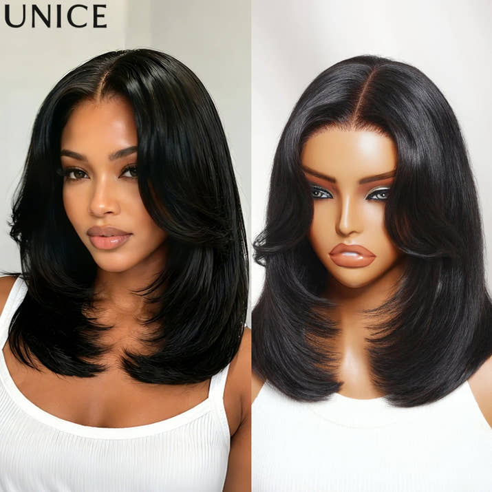 UNice Sleek Layered Bob Wig with Face-Framing Bangs No-Slip Cap 7x5 Lace Shoulder-Length Glueless Human Hair Wig Ready To Wear