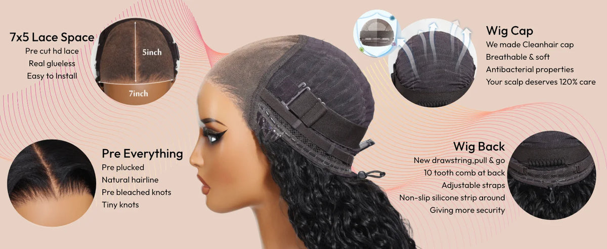 UNice 7x5 Bye-Bye Knots Reddish Brown Curly Human Hair Wig With Drawstring Pre Cut Pre Bleached Glueless Wigs