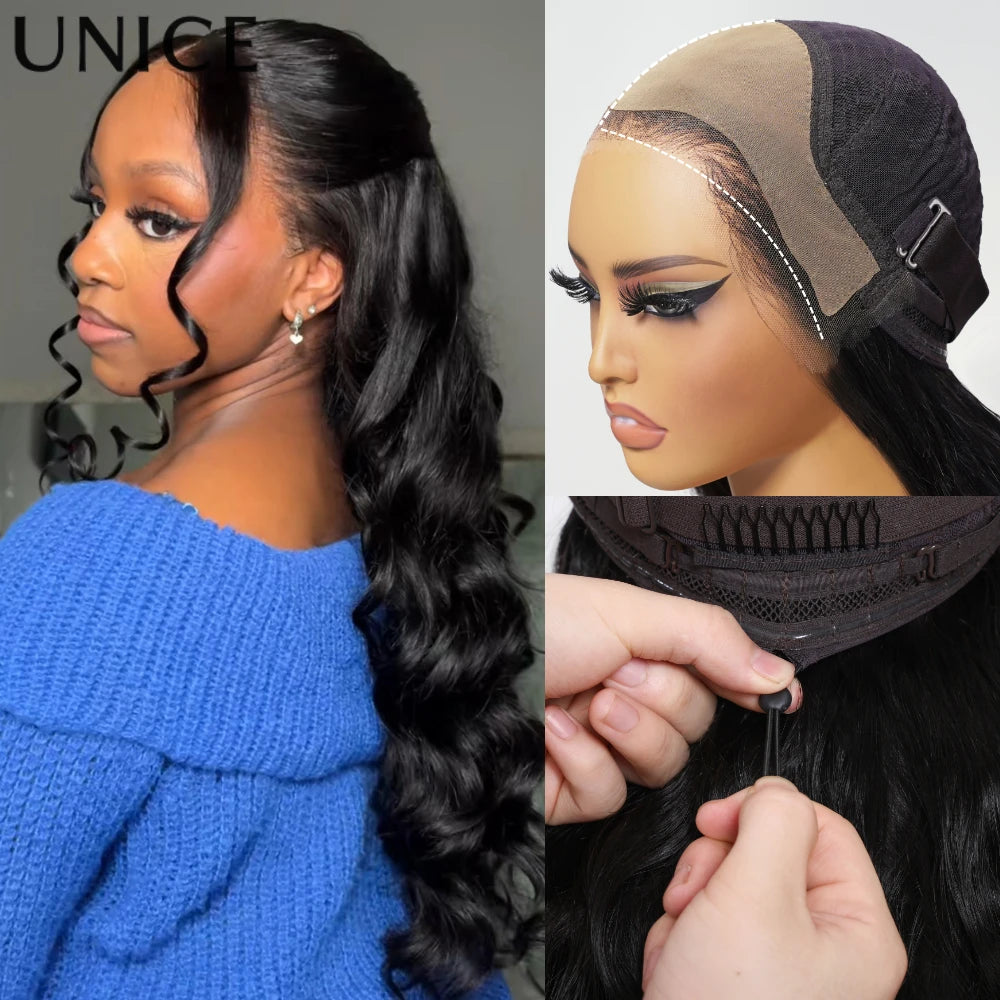 UNice 13x4 HD Real Scalp™ Wig Pull And Go Drawstring Loose Wave Human Hair Wig With Face Framing Curtain Bangs