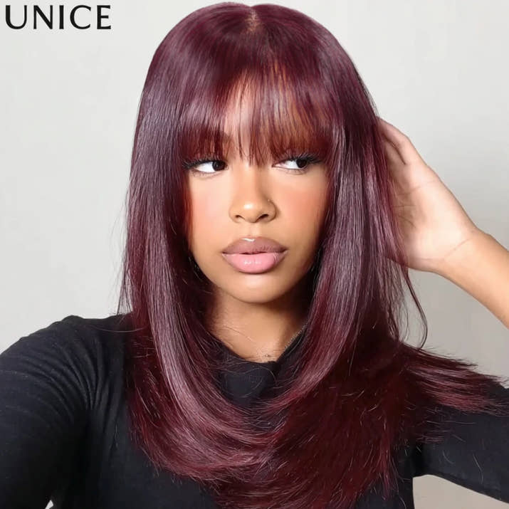 UNice Bye Bye Slip 7x5 Lace Black Cherry Pre Layered Wolf Bob Wig With Wispy Bangs & Drawstring Wear Go Glueless Human Hair Wig