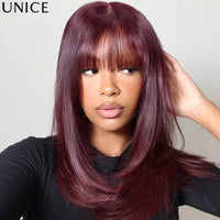 UNice Bye Bye Slip 7x5 Lace Black Cherry Pre Layered Wolf Bob Wig With Wispy Bangs & Drawstring Wear Go Glueless Human Hair Wig