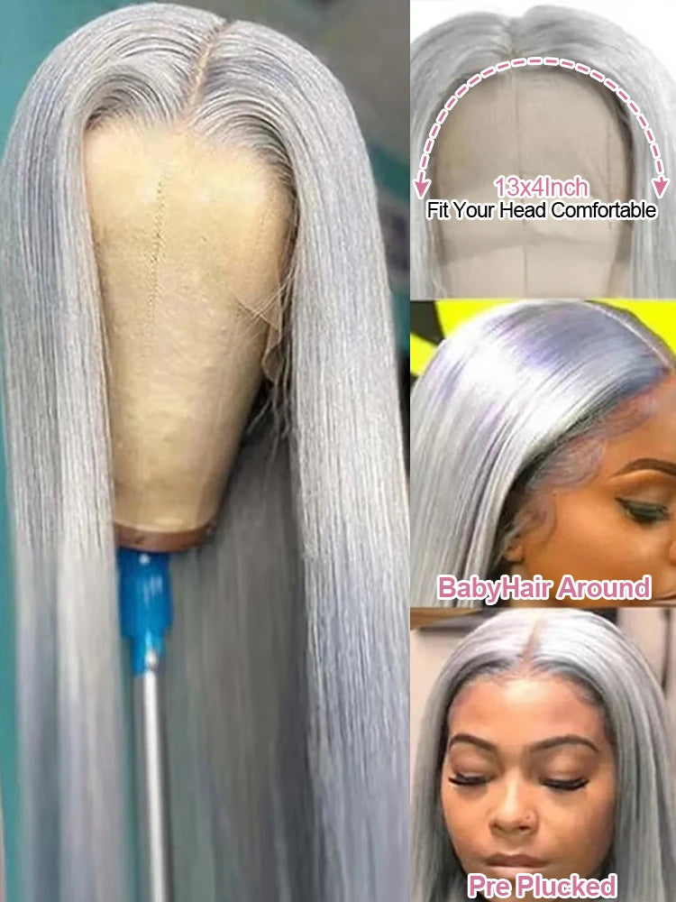 40 Inch 13x6 HD Silver Grey Colored Straight Lace Front Wigs Human Hair Brazilian 13x4 Lace Frontal Wigs For Women 250% Density