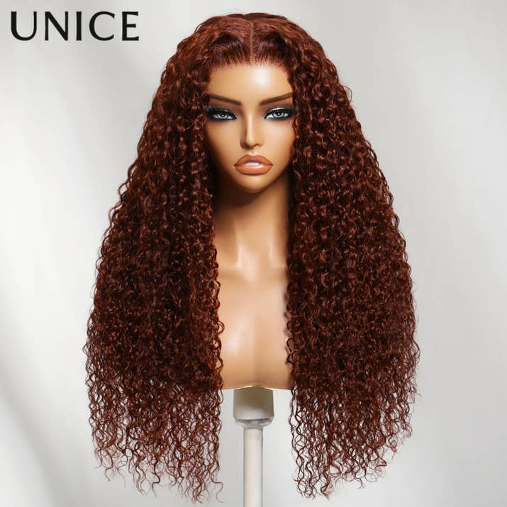 UNice 7x5 Bye-Bye Knots Reddish Brown Curly Human Hair Wig With Drawstring Pre Cut Pre Bleached Glueless Wigs