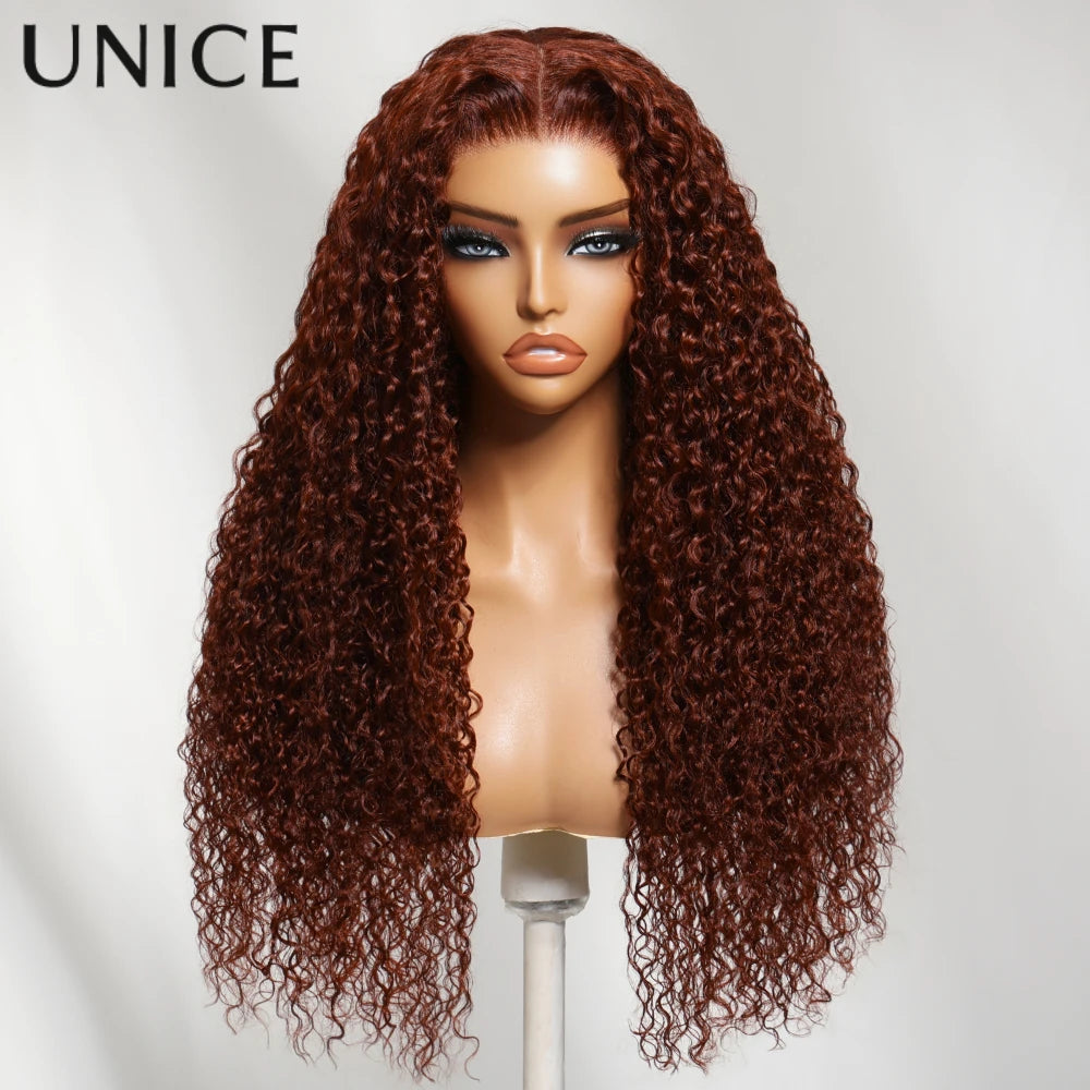UNice 7x5 Bye-Bye Knots Reddish Brown Curly Human Hair Wig With Drawstring Pre Cut Pre Bleached Glueless Wigs
