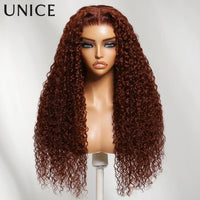 UNice 7x5 Bye-Bye Knots Reddish Brown Curly Human Hair Wig With Drawstring Pre Cut Pre Bleached Glueless Wigs