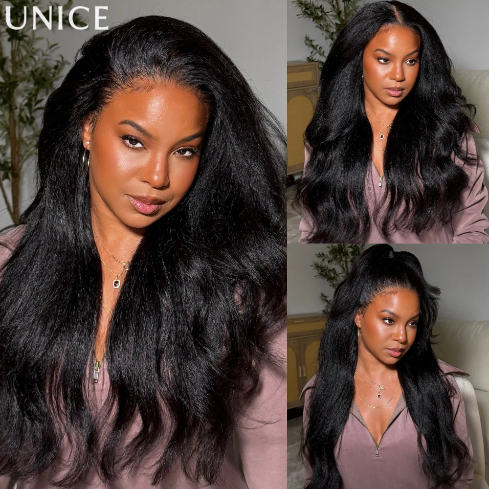 UNice 13x4 HD Real Scalp™ Wig Invisible Lace Frontal Kinky Straight Wig With Drawstring 100% Human Hair Glueless Wigs