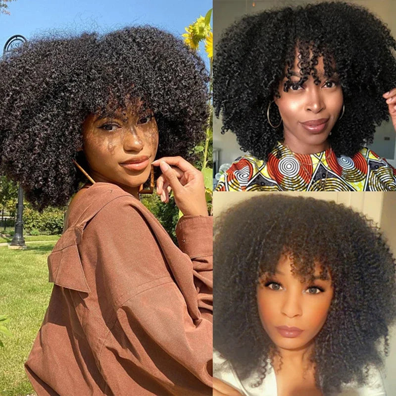Natural Color Short Afro Kinky Curly Human Hair Wig With Bangs 200 Density NON-Lace 100% Virgin Human Hair Wigs For Black Women