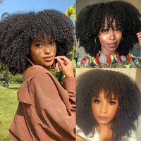 Natural Color Short Afro Kinky Curly Human Hair Wig With Bangs 200 Density NON-Lace 100% Virgin Human Hair Wigs For Black Women