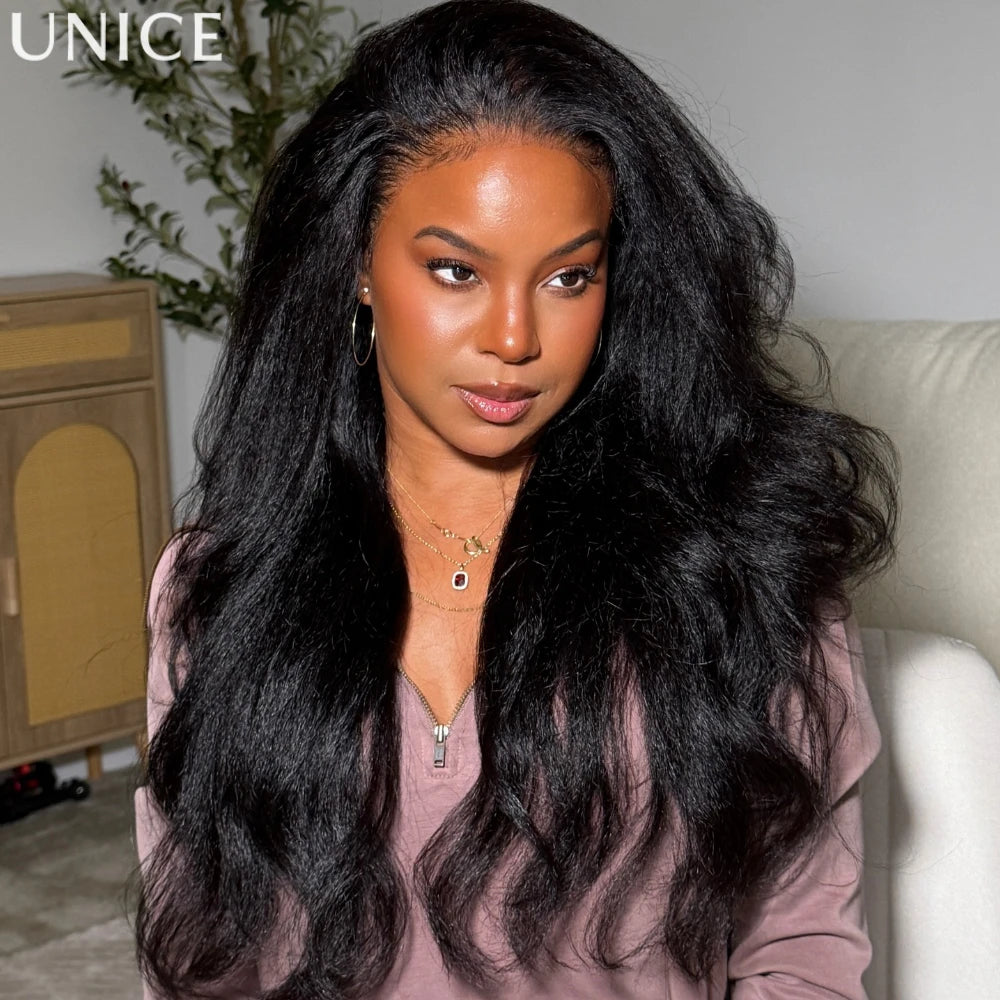 UNice 13x4 HD Real Scalp™ Wig Invisible Lace Frontal Kinky Straight Wig With Drawstring 100% Human Hair Glueless Wigs